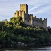 A majestic medieval stone castle perched atop a lush, green rocky islet in the middle of a calm river, under a partly cloudy sky at sunset, with warm golden light illuminating its crenellated towers and walls.