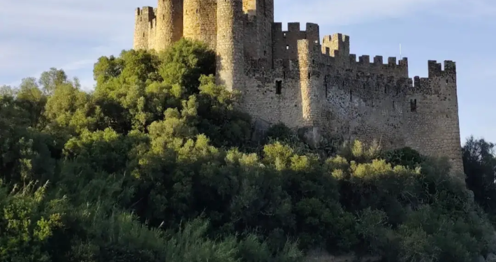 A majestic medieval stone castle perched atop a lush, green rocky islet in the middle of a calm river, under a partly cloudy sky at sunset, with warm golden light illuminating its crenellated towers and walls.