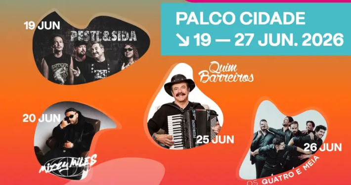 Cartaz oficial das Festas da Cidade e São João 2026 no Entroncamento. De 19 a 27 de junho com Peste & Sida, Mizzy Miles, Quim Barreiros, Os Quatro e Meia e David Fonseca. Música, tradição e animação na cidade.