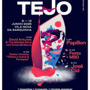 Cartaz oficial da Feira do Tejo 2026 em Vila Nova da Barquinha. De 9 a 13 de junho, com atuações de David Antunes, Xutos & Pontapés, Papillon, Festa M80 e José Cid. Evento junto ao rio Tejo com música, gastronomia e artesanato.