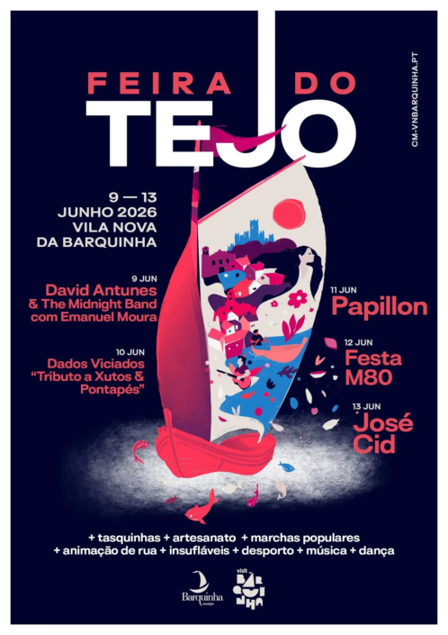 Cartaz oficial da Feira do Tejo 2026 em Vila Nova da Barquinha. De 9 a 13 de junho, com atuações de David Antunes, Xutos & Pontapés, Papillon, Festa M80 e José Cid. Evento junto ao rio Tejo com música, gastronomia e artesanato.