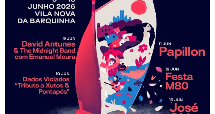 Cartaz oficial da Feira do Tejo 2026 em Vila Nova da Barquinha. De 9 a 13 de junho, com atuações de David Antunes, Xutos & Pontapés, Papillon, Festa M80 e José Cid. Evento junto ao rio Tejo com música, gastronomia e artesanato.