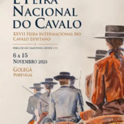 Cartaz da L Feira Nacional do Cavalo, de 6 a 15 de novembro de 2026 na Golegã: aguarela de cavaleiros de chapéu, a cavalo, vistos de costas.