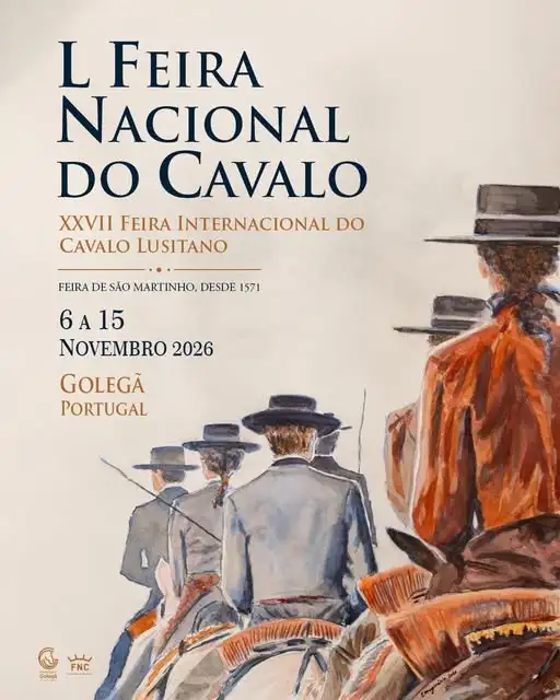 Cartaz da L Feira Nacional do Cavalo, de 6 a 15 de novembro de 2026 na Golegã: aguarela de cavaleiros de chapéu, a cavalo, vistos de costas.